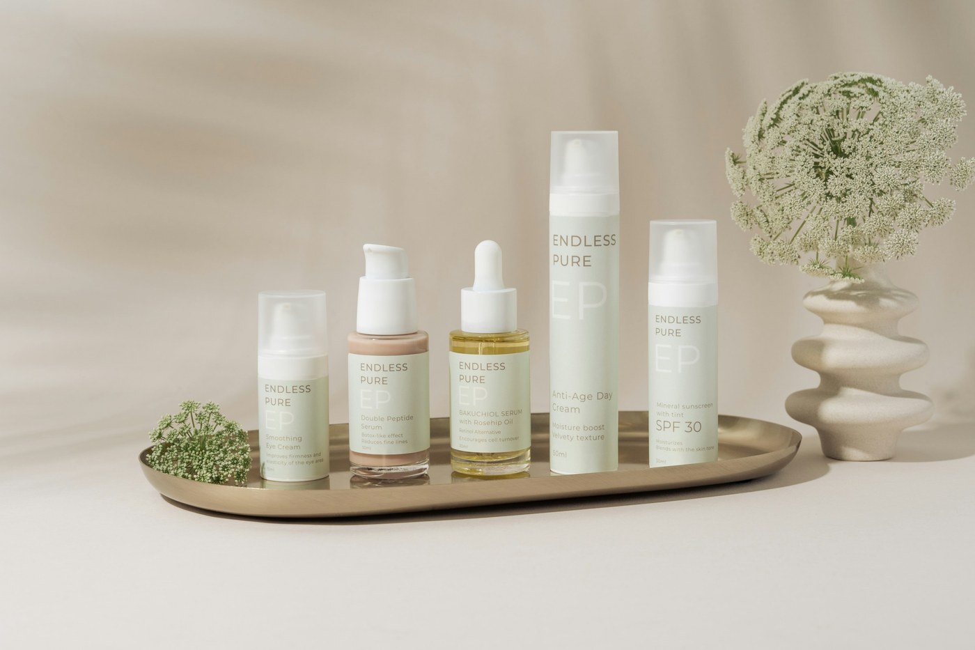 Five matching skincare products from one brand arranged on a gold tray, showing the kind of complementary items a brand can group into an Amazon virtual bundle
