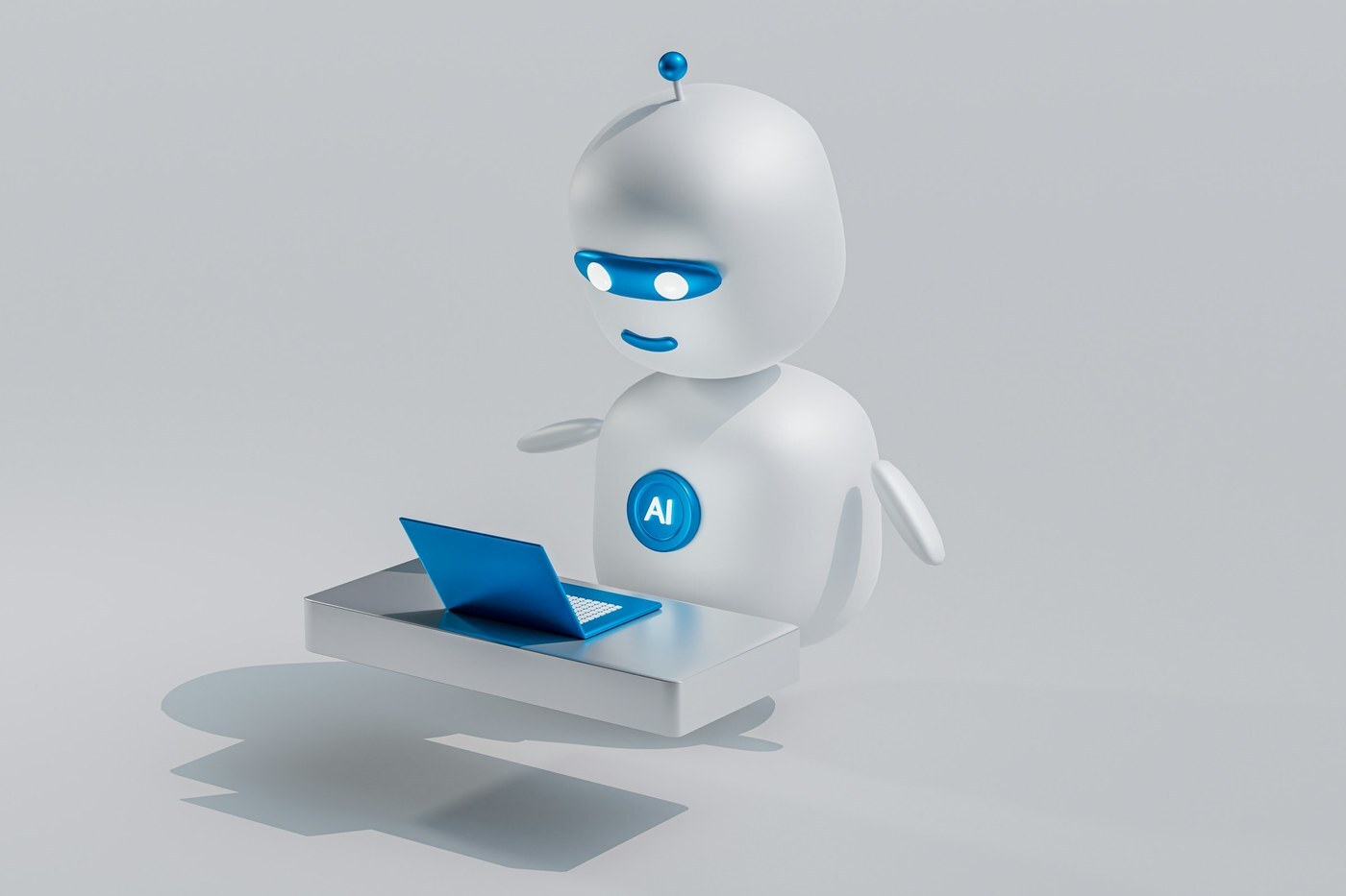 White 3D robot with an AI badge typing on a blue laptop, representing Amazon Seller Assistant, the AI agent that answers questions and runs workflows in Seller Central